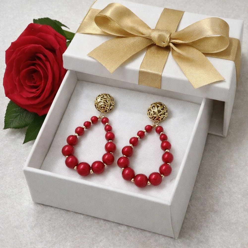 Red Beaded Hoop Drop Earrings Gold Filigree Stud Statement Jewelry Womens‎